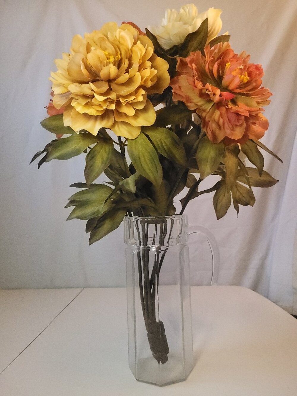 1980s Clear Crystal Octagon Glass Pitcher Faux Peonies Floral Centerpiece